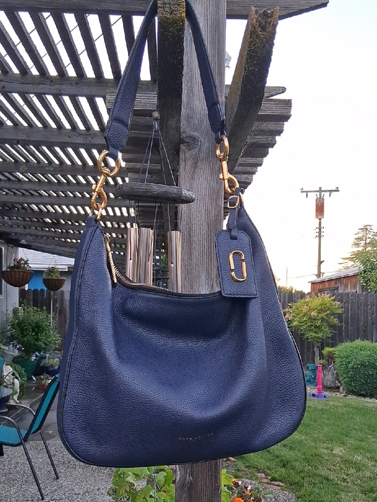 Marc Jacobs Handbags - Marc Jacobs Navy Pebbled Leather Shoulder Bag with Gold Hardware